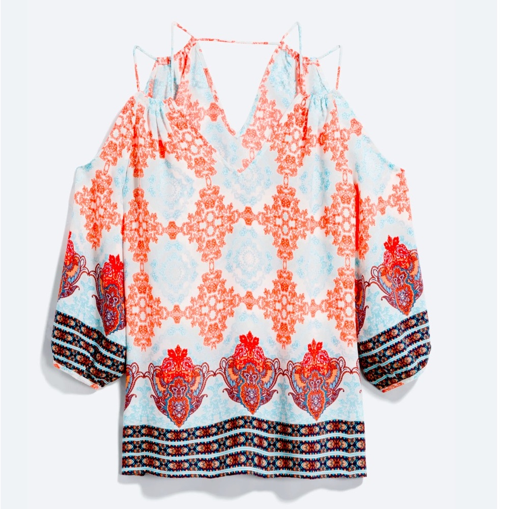 Stitch Fix Cold Shoulder Blouse Women Large Dressy Casual print top